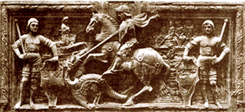 фото|Св. Георгий на коне, поражающий дракона, с двумя щитоносцами в антикизированных доспехах. XV в. Ломбардская школа
