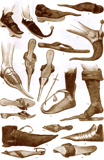 фото|Обувь с заостренными носами и подставные башмаки (сабо) XV в. 